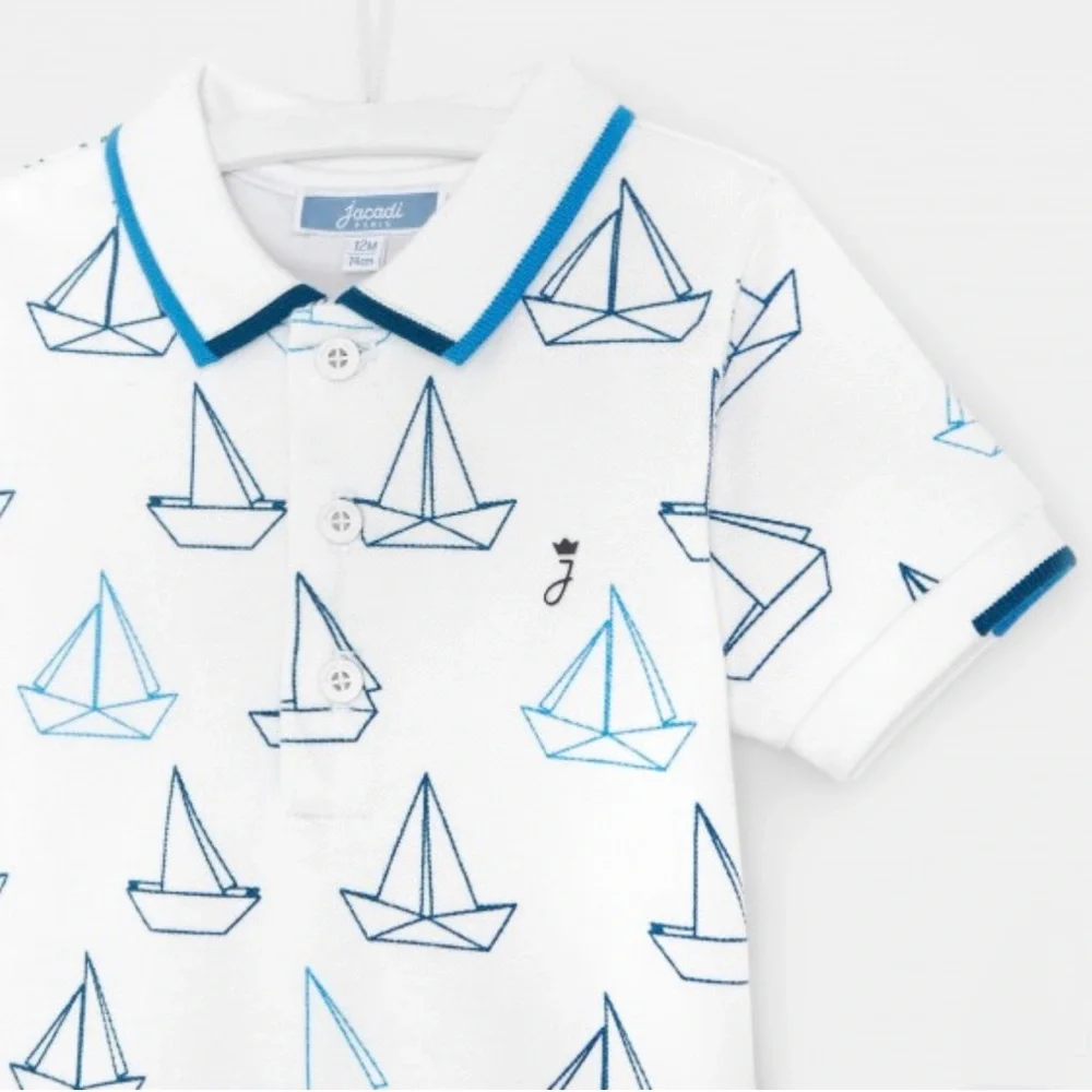Jacadi Boys White Pique Knit Polo Shirt with Blue Sailboat Print - Size 12M